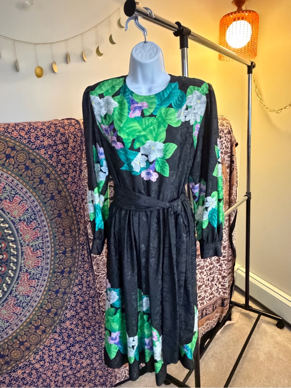 Vintage 1980s shimmery Black Floral Midi Dress with Green & Purple Blooms